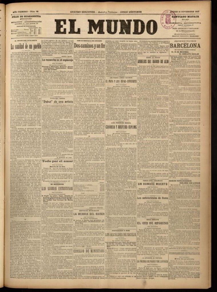Miniatura de El Mundo del 25 de noviembre de 1907, edición de provincias