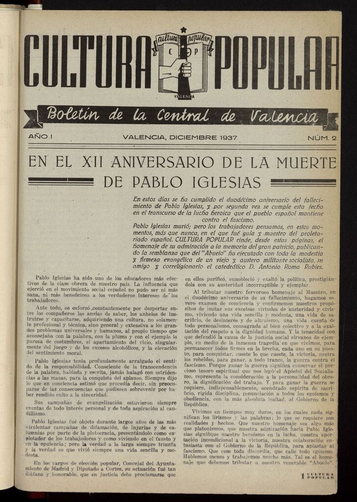 Miniatura de Cultura Popular: boletín de la Central de Valencia de diciembre de 1937