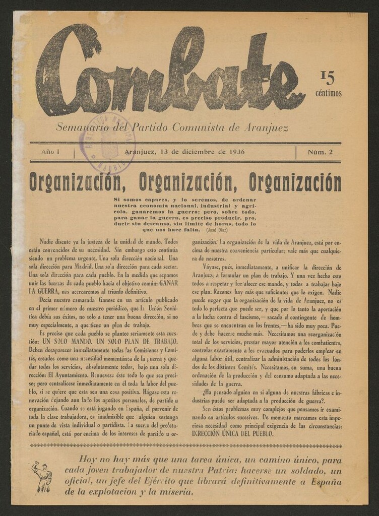 Miniatura de Combate: Semanario del Partido Comunista de Aranjuez del 13 de diciembre de 1936