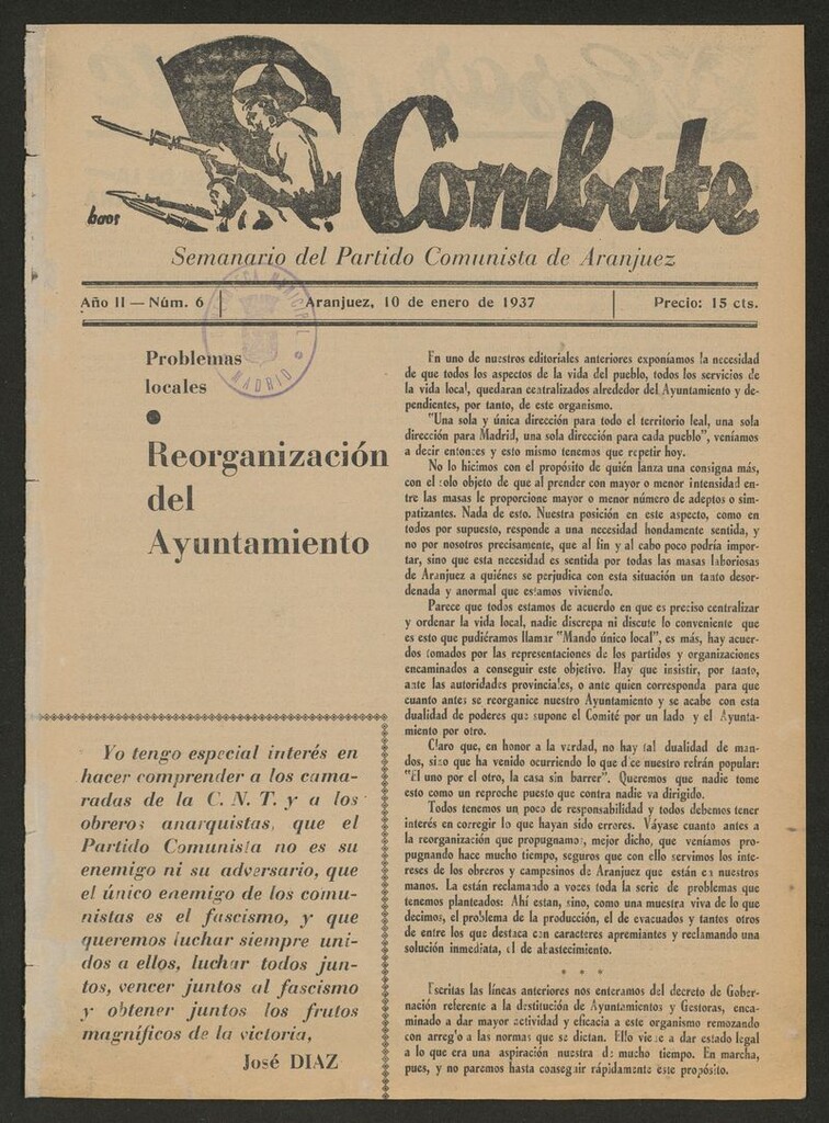 Miniatura de Combate: Semanario del Partido Comunista de Aranjuez del 10 de enero de 1937