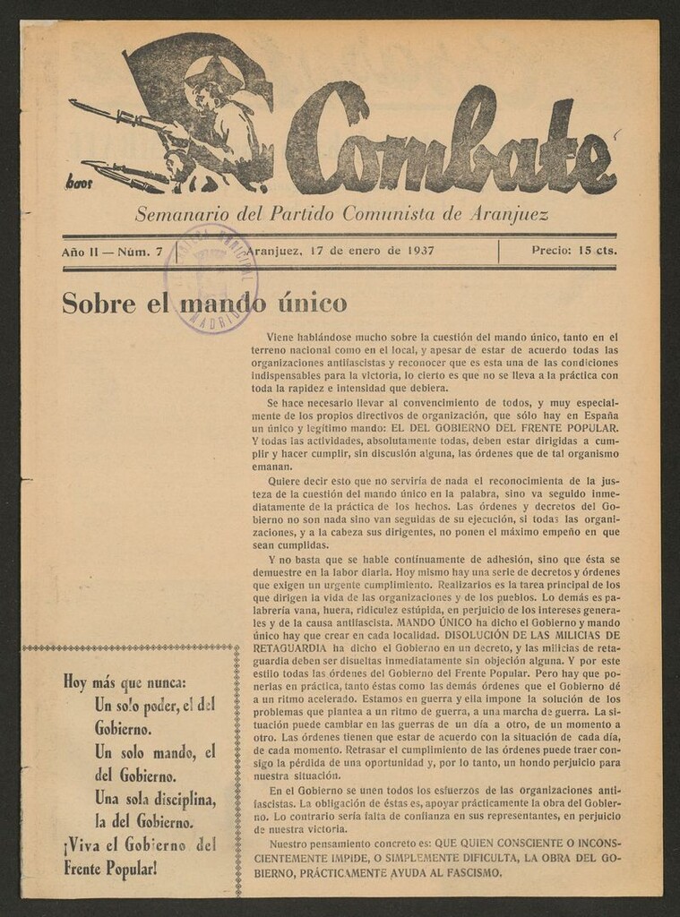 Miniatura de Combate: Semanario del Partido Comunista de Aranjuez del 17 de enero de 1937