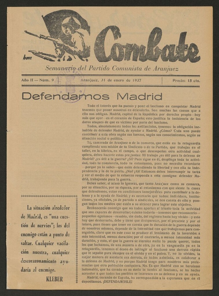 Miniatura de Combate: Semanario del Partido Comunista de Aranjuez del 31 de enero de 1937