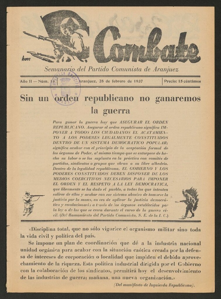 Miniatura de Combate: Semanario del Partido Comunista de Aranjuez del 28 de febrero de 1937