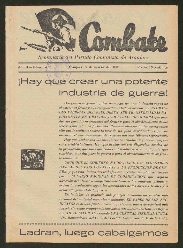 Miniatura de Combate: Semanario del Partido Comunista de Aranjuez del 7 de marzo de 1937