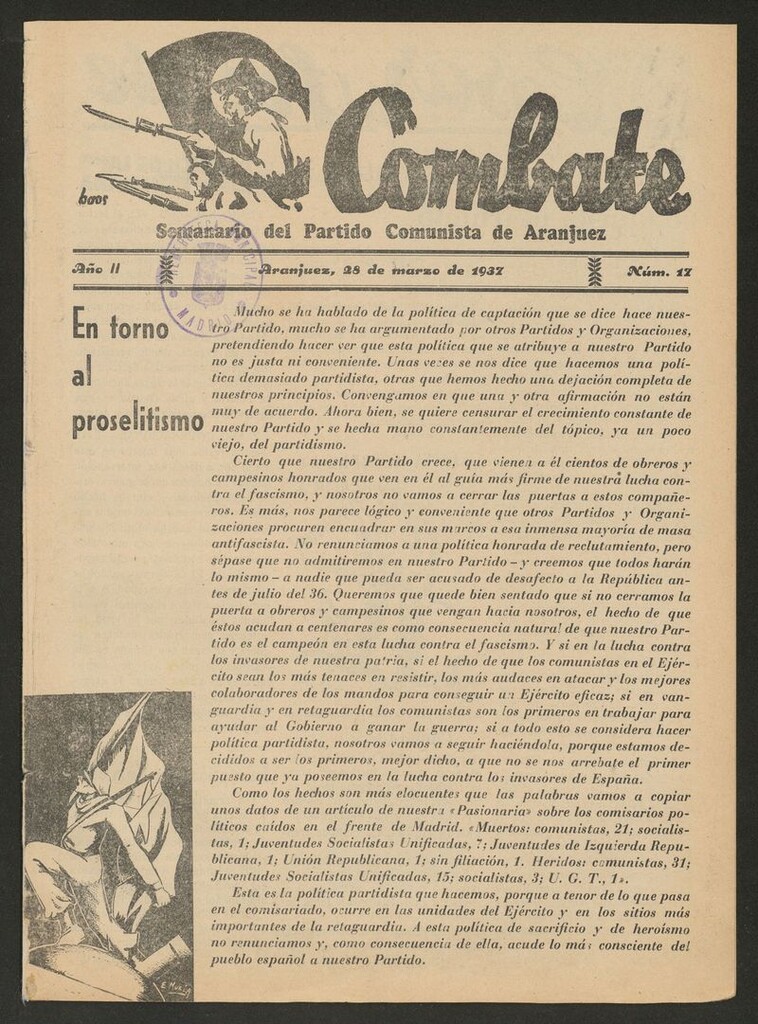 Miniatura de Combate: Semanario del Partido Comunista de Aranjuez del 28 de marzo de 1937
