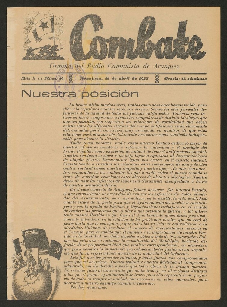 Miniatura de Combate: Semanario del Partido Comunista de Aranjuez del 11 de abril de 1937