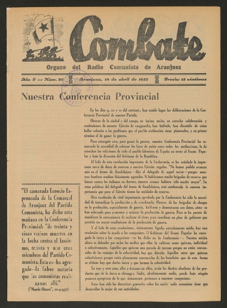 Miniatura de Combate: Semanario del Partido Comunista de Aranjuez del 18 de abril de 1937