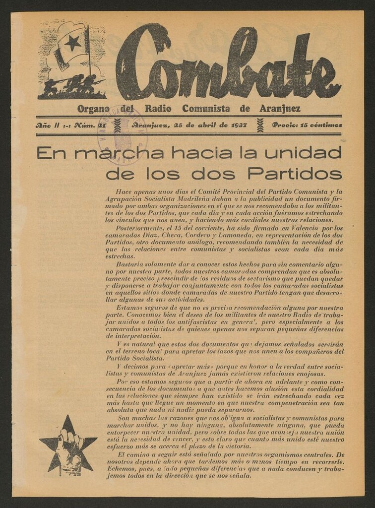 Miniatura de Combate: Semanario del Partido Comunista de Aranjuez del 25 de abril de 1937