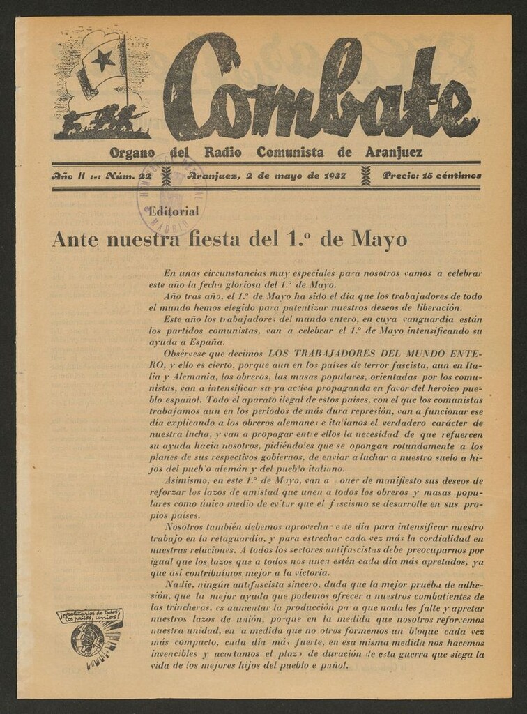 Miniatura de Combate: Semanario del Partido Comunista de Aranjuez del 2 de mayo de 1937