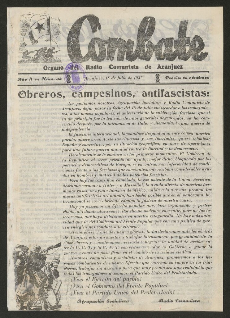 Miniatura de Combate: Semanario del Partido Comunista de Aranjuez del 18 de julio de 1937