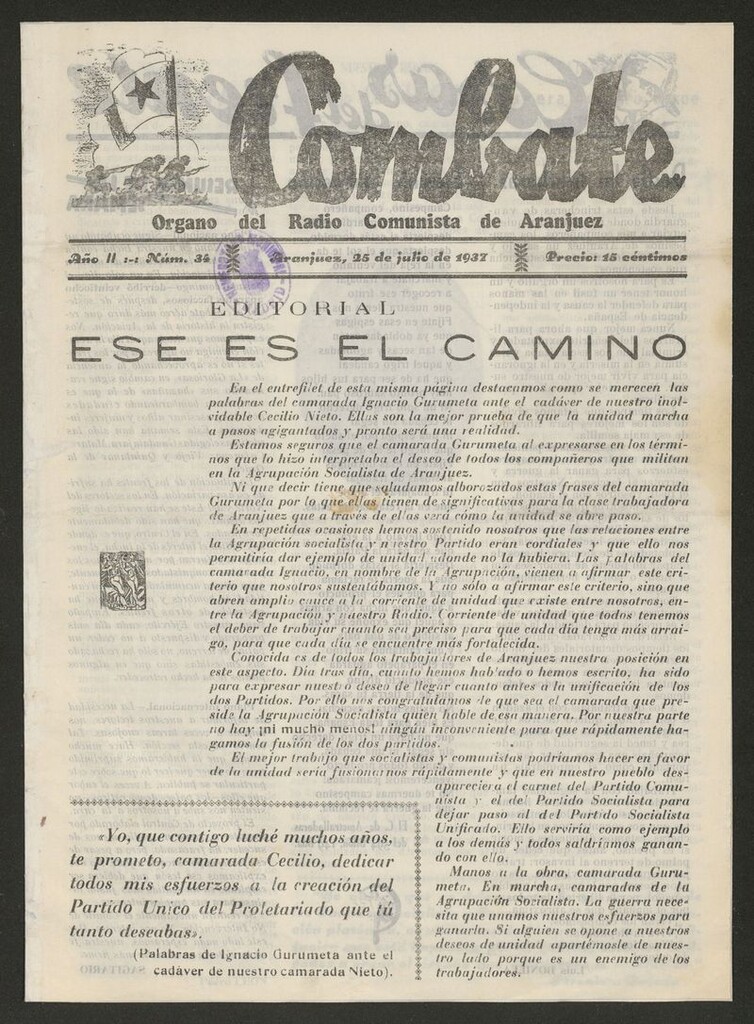 Miniatura de Combate: Semanario del Partido Comunista de Aranjuez del 25 de julio de 1937
