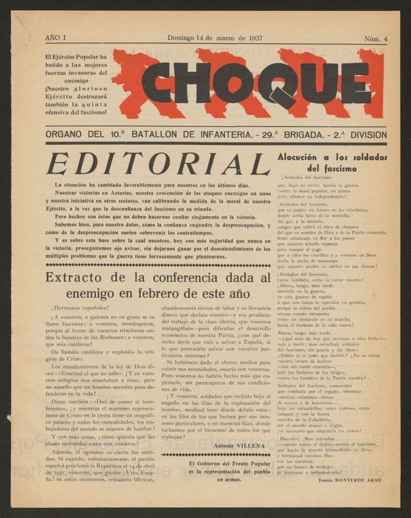 Miniatura de Choque: órgano del 10º Batallón del Regimiento de Infantería del 14 de marzo de 1937