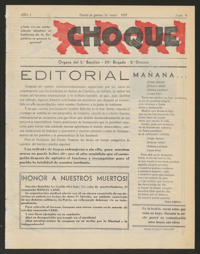 Miniatura de Choque: órgano del 10º Batallón del Regimiento de Infantería del 31 de mayo de 1937