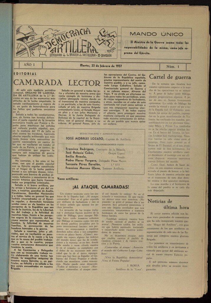 Miniatura de Democracia Artillera: semanario de la brigada de artilleria II División, 23 de febrero de 1937