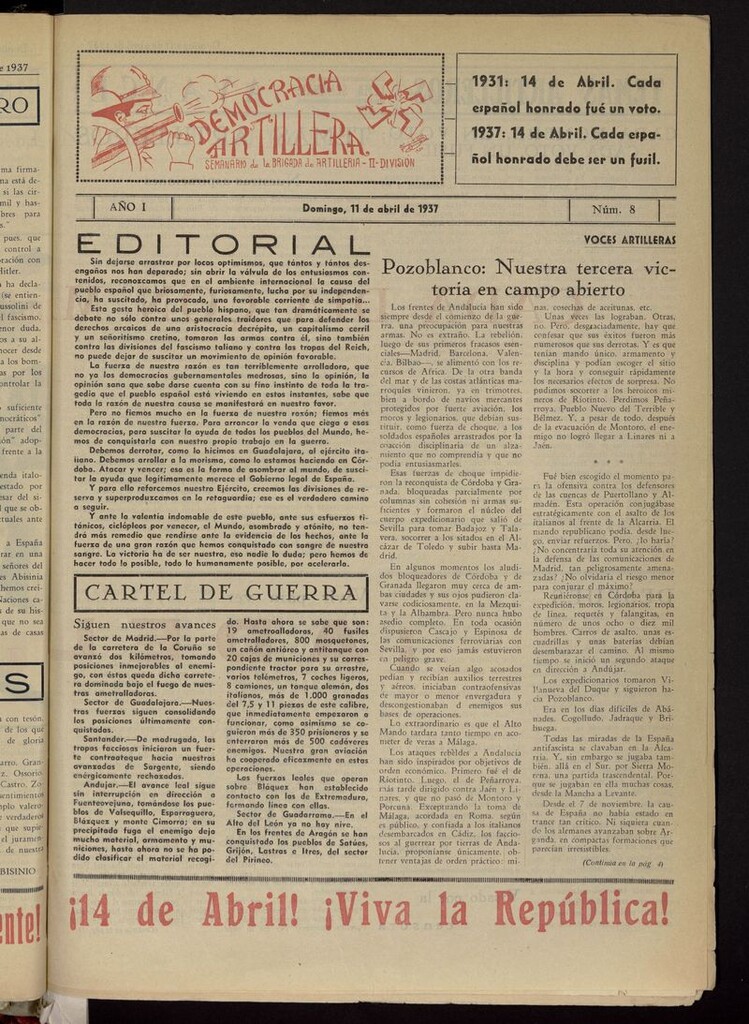 Miniatura de Democracia Artillera: semanario de la brigada de artilleria, II división, 11abril de 1937