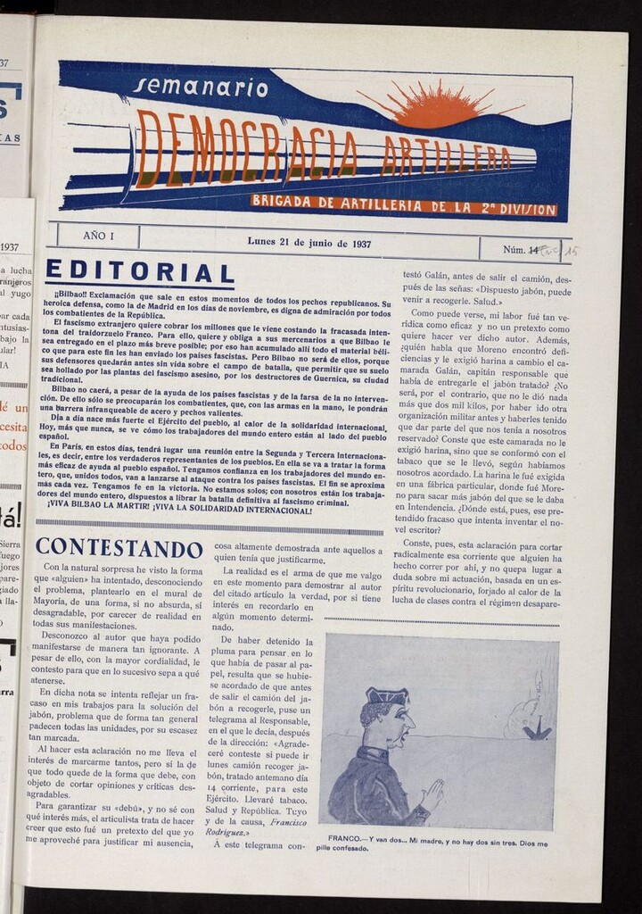 Miniatura de Democracia Artillera: semanario de la brigada de artilleria, II división
21 de junio de 1937