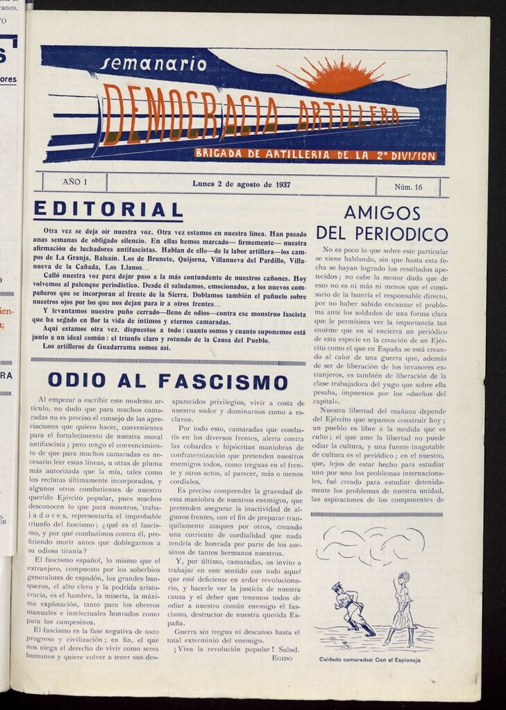 Miniatura de Democracia Artillera: semanario de la brigada de artilleria, II división, 2 de agosto de 1937