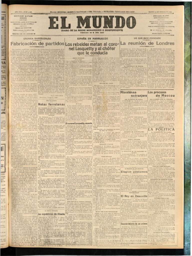 Miniatura de El Mundo del 14 de agosto de 1922 (edición de provincias)