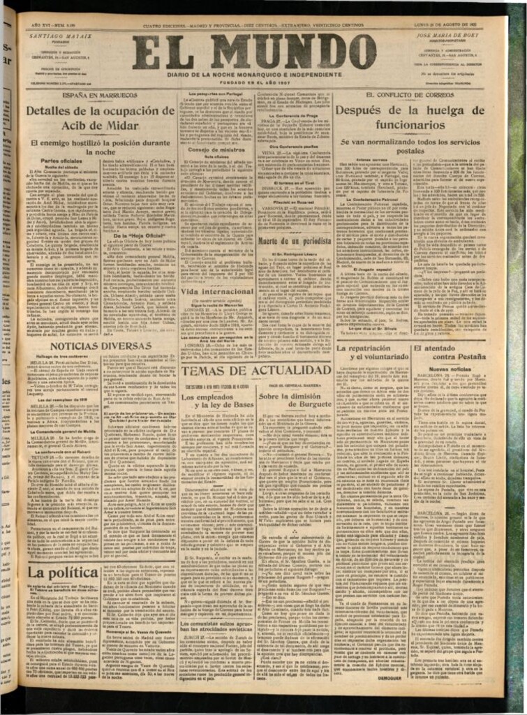 Miniatura de El Mundo del 28 de agosto de 1922 (edición de provincias)