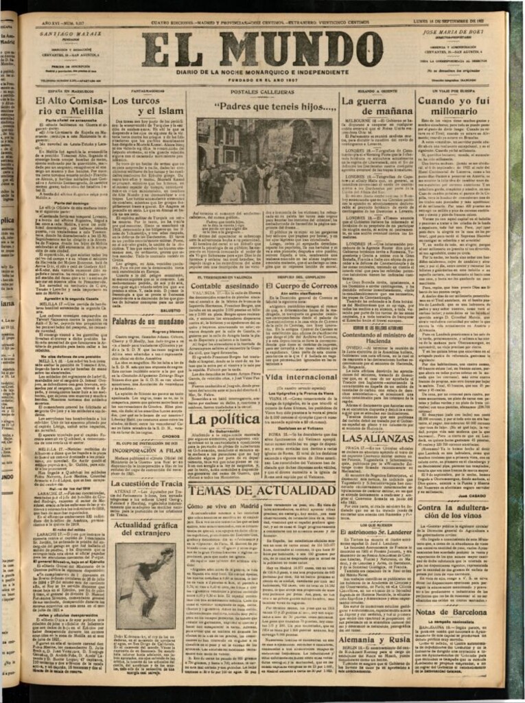 Miniatura de El Mundo del 18 de septiembre de 1922 (edición de provincias)