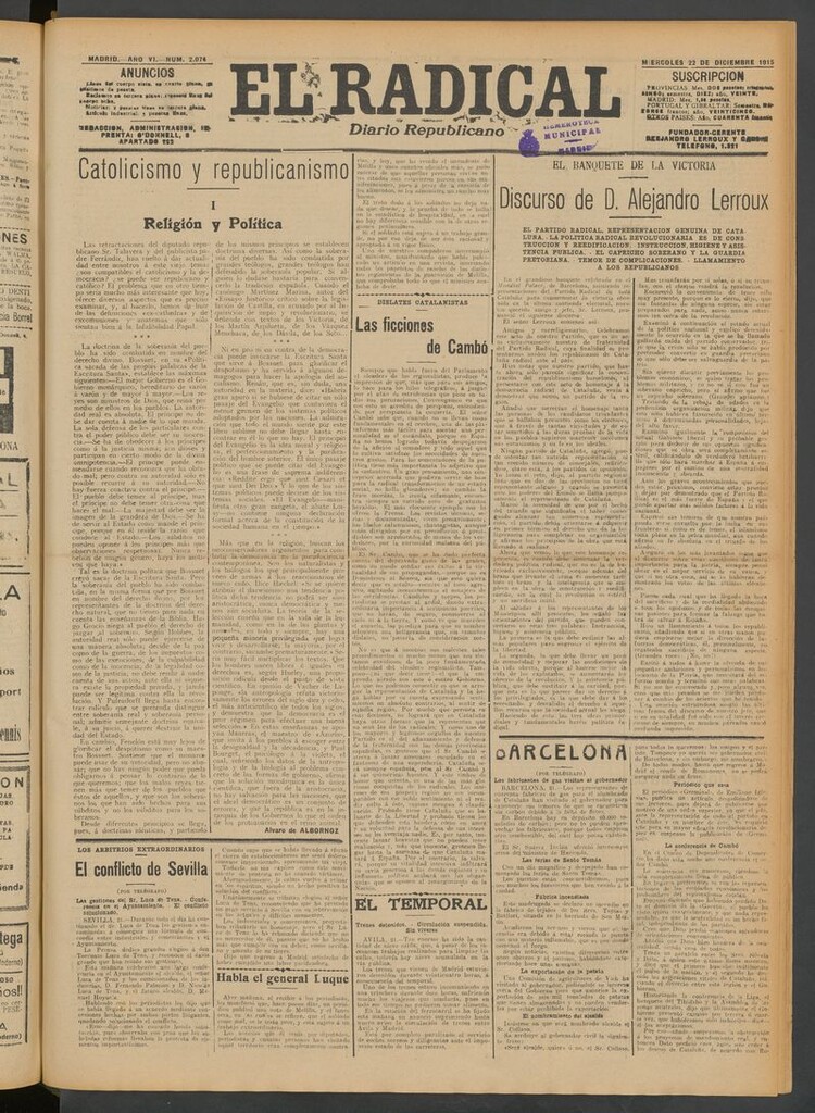Miniatura de El Radical: diario republicano del 22 de diciembre de 1915
