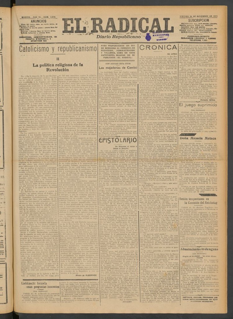 Miniatura de El Radical: diario republicano del 24 de diciembre de 1915