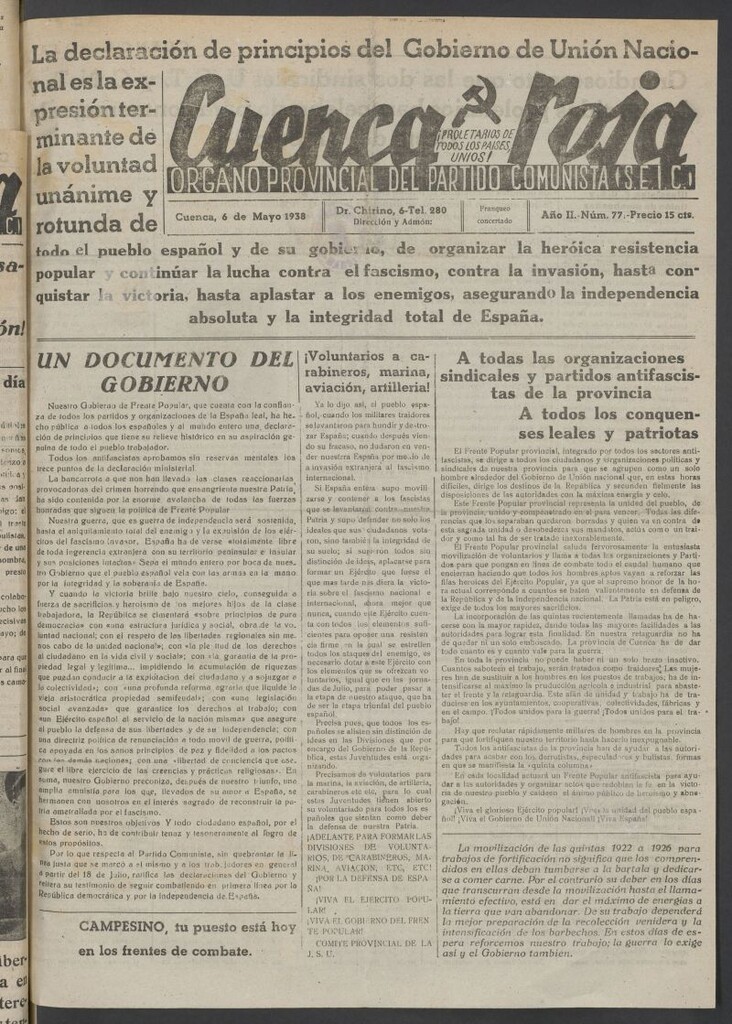 Miniatura de Cuenca Roja : órgano del Partido Comunista del 6 de mayo de 1938