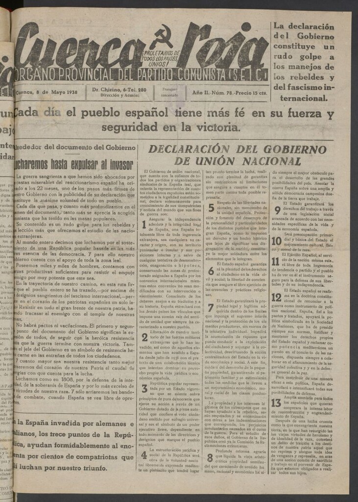 Miniatura de Cuenca Roja : órgano del Partido Comunista del 8 de mayo de 1938