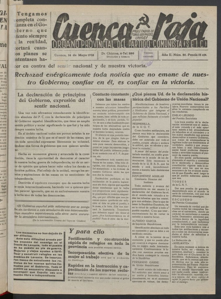 Miniatura de Cuenca Roja : órgano del Partido Comunista del 14 de mayo de 1938