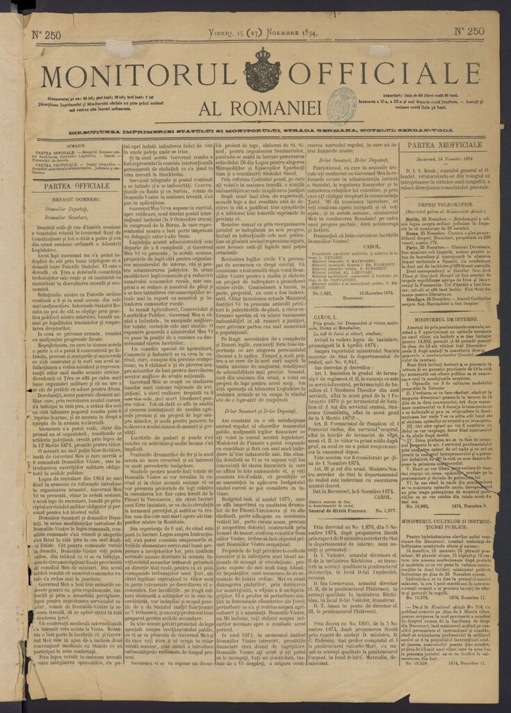 Miniatura de Monitorul Officiale al Romaniei del 15 de noviembre de 1874, nº 250