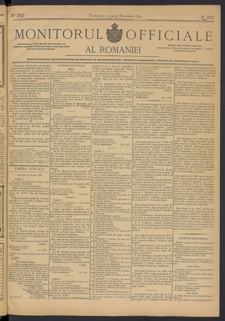 Miniatura de Monitorul Officiale al Romaniei del 17 de noviembre de 1874, nº 252
