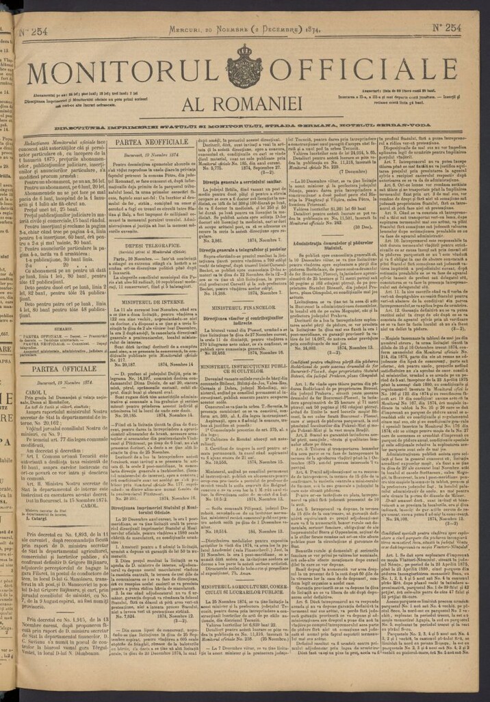 Miniatura de Monitorul Officiale al Romaniei del 20 de noviembre de 1874, nº 254