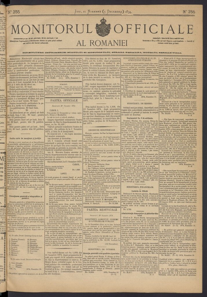 Miniatura de Monitorul Officiale al Romaniei del 21 de noviembre de 1874, nº 255