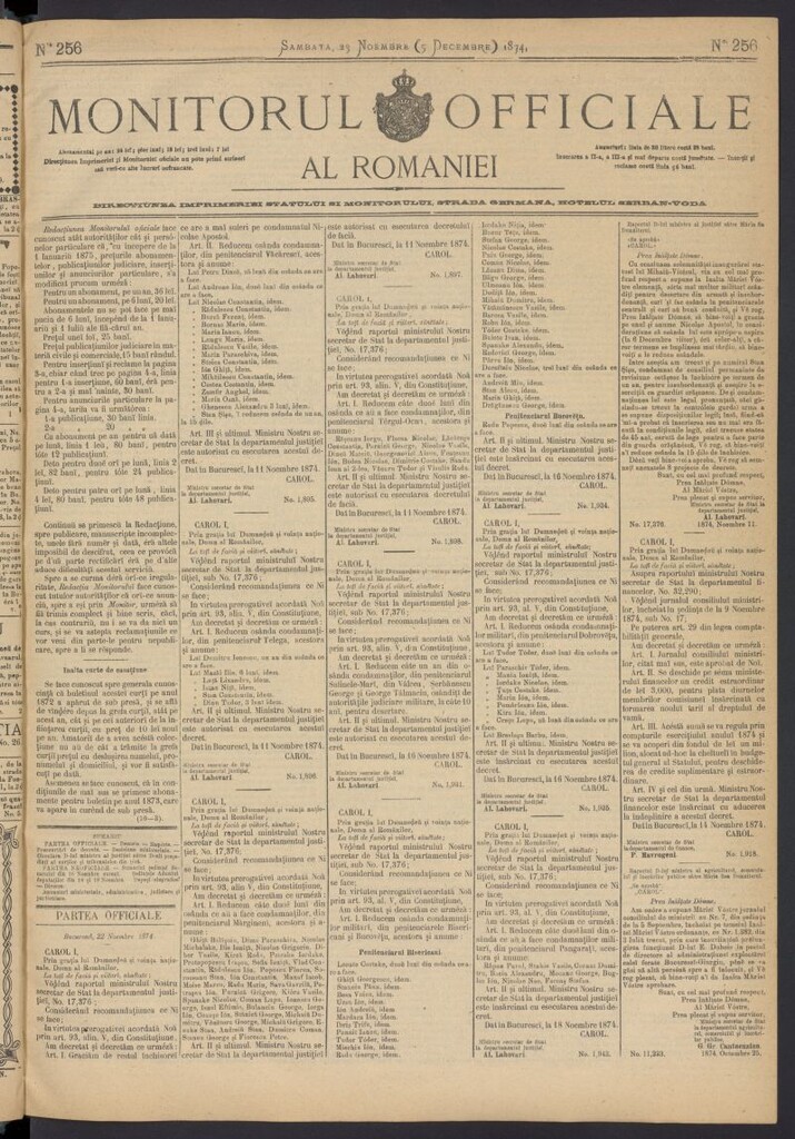 Miniatura de Monitorul Officiale al Romaniei del 23 de noviembre de 1874, nº 256
