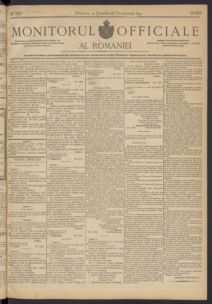 Miniatura de Monitorul Officiale al Romaniei del 24 de noviembre de 1874, nº 257