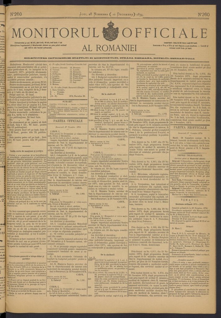 Miniatura de Monitorul Officiale al Romaniei del 28 de noviembre de 1874, nº 260