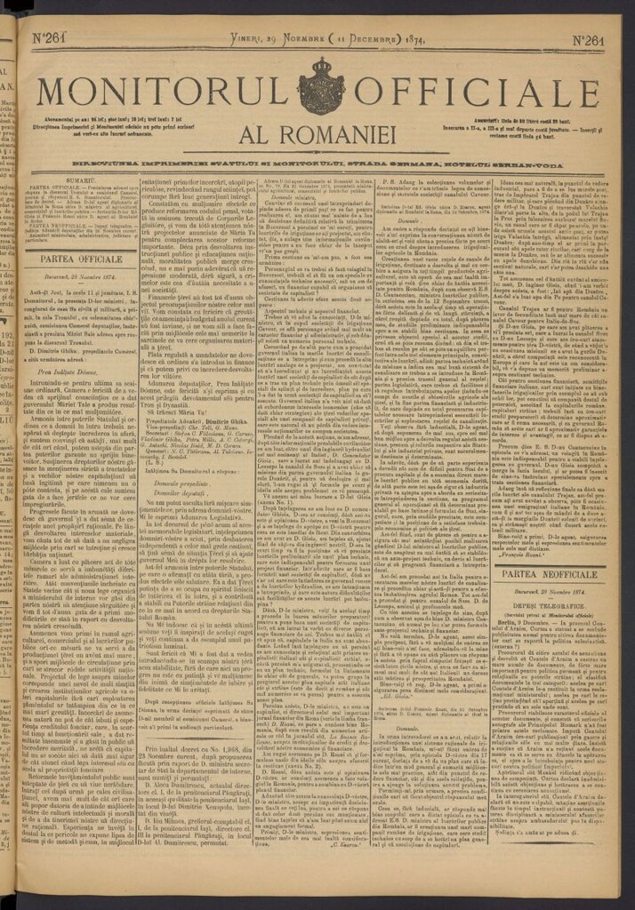 Miniatura de Monitorul Officiale al Romaniei del 29 de noviembre de 1874, n º 261