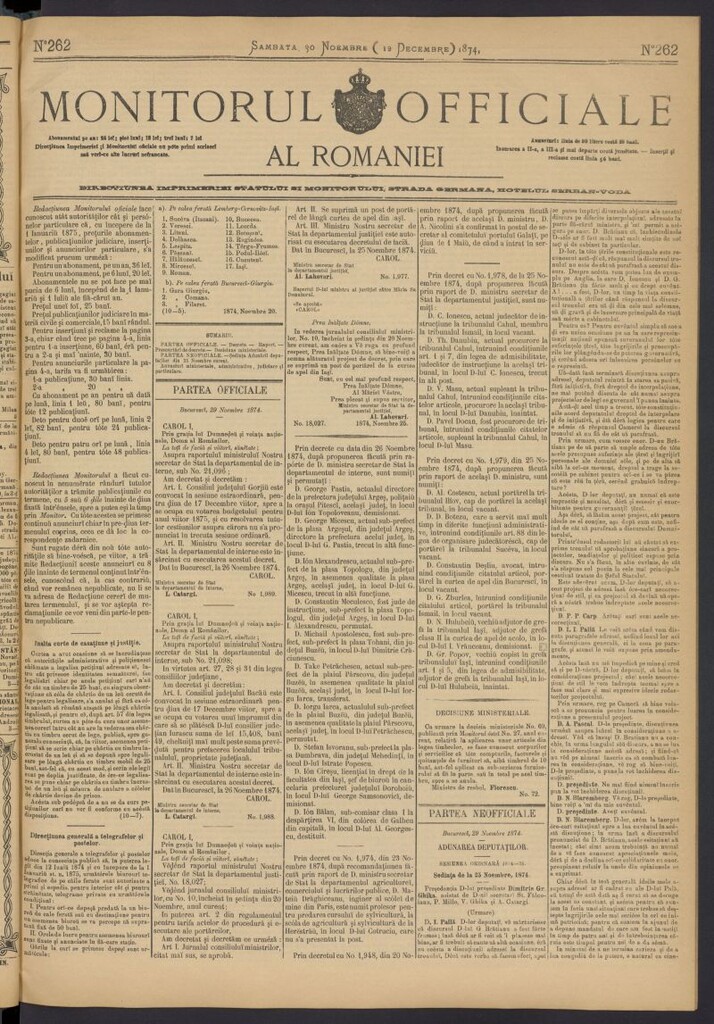 Miniatura de Monitorul Officiale al Romaniei del 30 de noviembre de 1874, nº 262