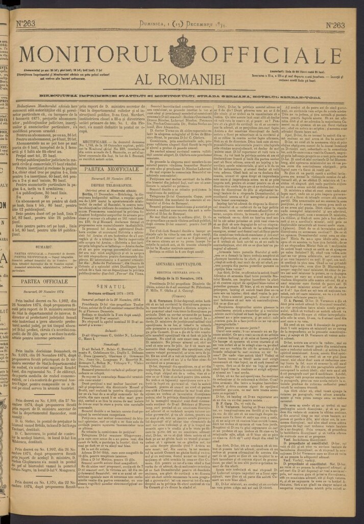 Miniatura de Monitorul Officiale al Romaniei del 1 de diciembre de 1874, nº 263