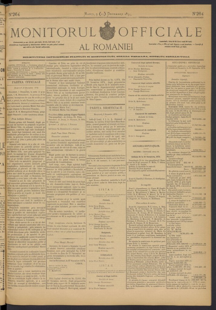 Miniatura de Monitorul Officiale al Romaniei del 3 de diciembre de 1874, nº 264