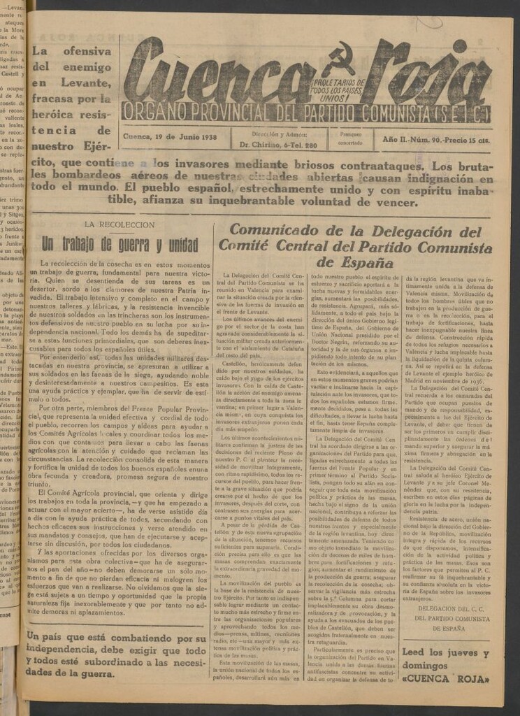 Miniatura de Cuenca Roja : órgano del Partido Comunista del 19 de junio de 1938