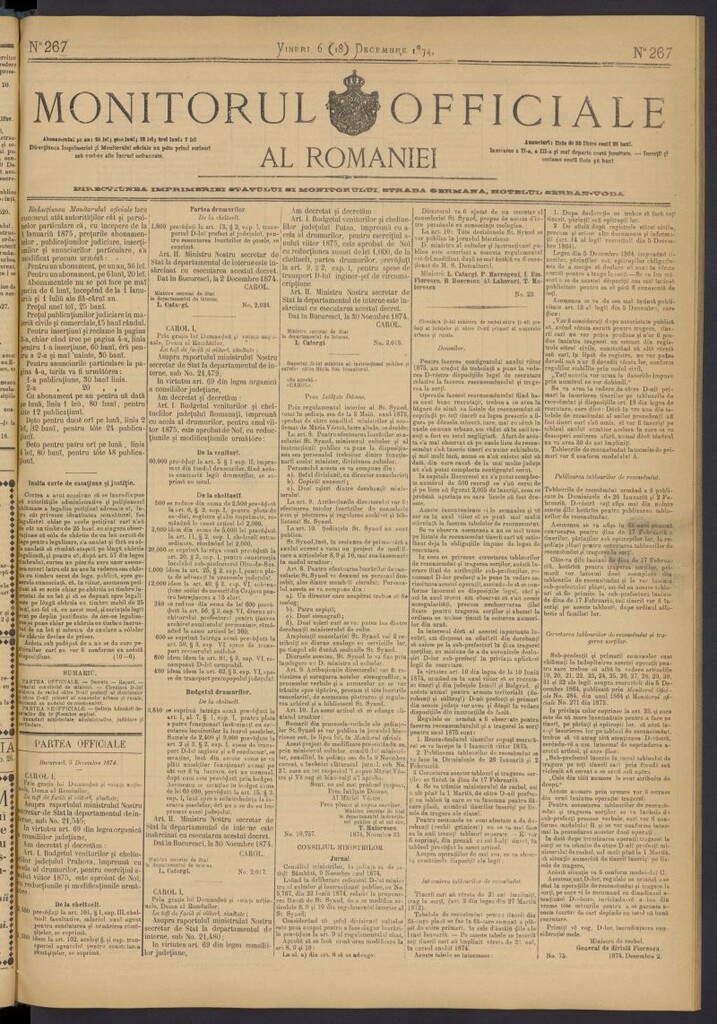 Miniatura de Monitorul Officiale al Romaniei del 6 de diciembre de 1874, nº 267