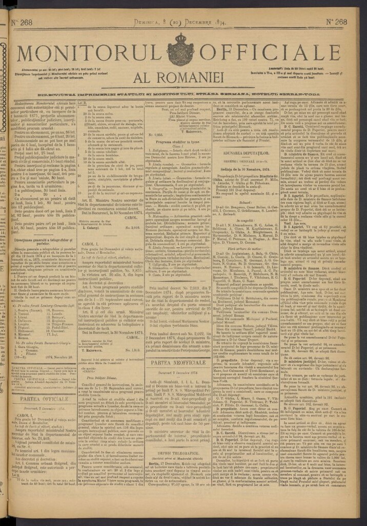 Miniatura de Monitorul Officiale al Romaniei del 8 de diciembre de 1874, nº 268