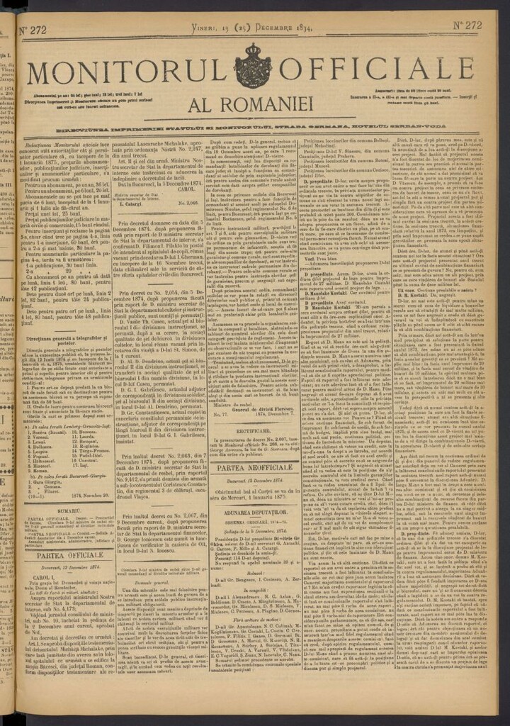 Miniatura de Monitorul Officiale al Romaniei del 13 de diciembre de 1874, nº 272
