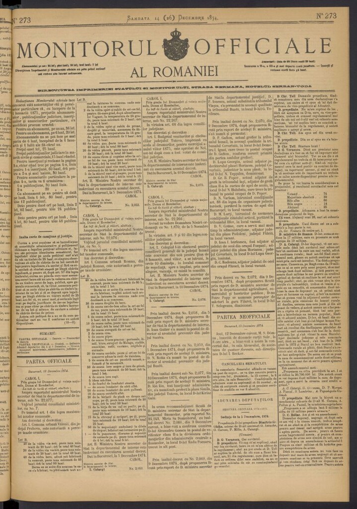 Miniatura de Monitorul Officiale al Romaniei del 14 de diciembre de 1874, nº 273