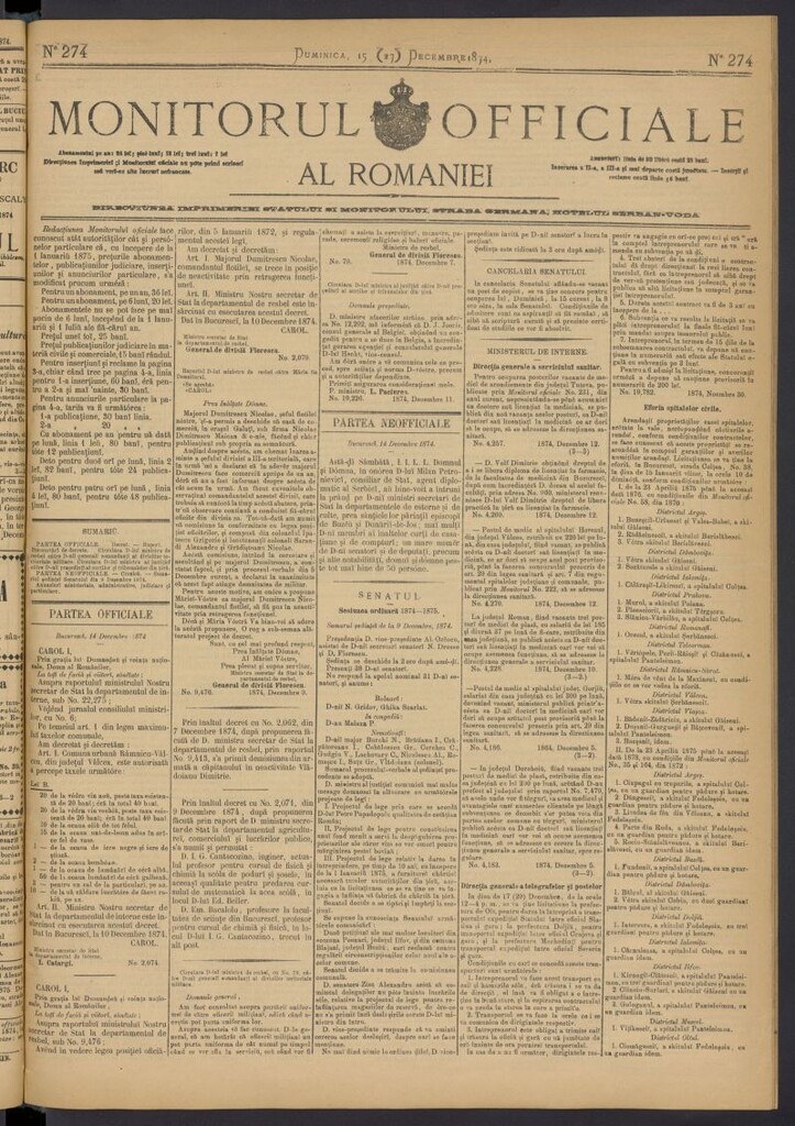 Miniatura de Monitorul Officiale al Romaniei del 15 de diciembre de 1874, nº 274
