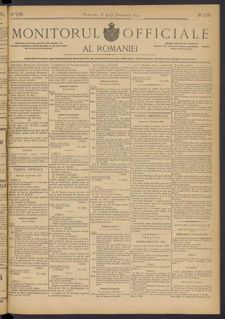 Miniatura de Monitorul Officiale al Romaniei del 18 de diciembre de 1874, nº 276