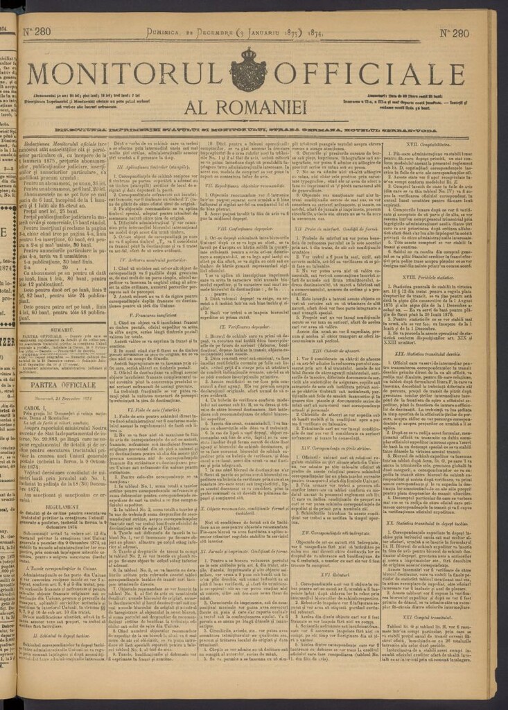 Miniatura de Monitorul Officiale al Romaniei del 22 de diciembre de 1874, nº 280