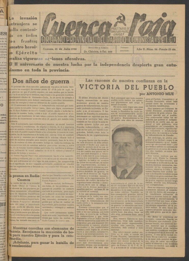 Miniatura de Cuenca Roja : órgano del Partido Comunista del 15 de julio de 1938