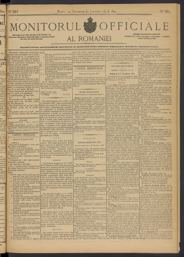 Miniatura de Monitorul Officiale al Romaniei del 24 de diciembre de 1874, nº 281